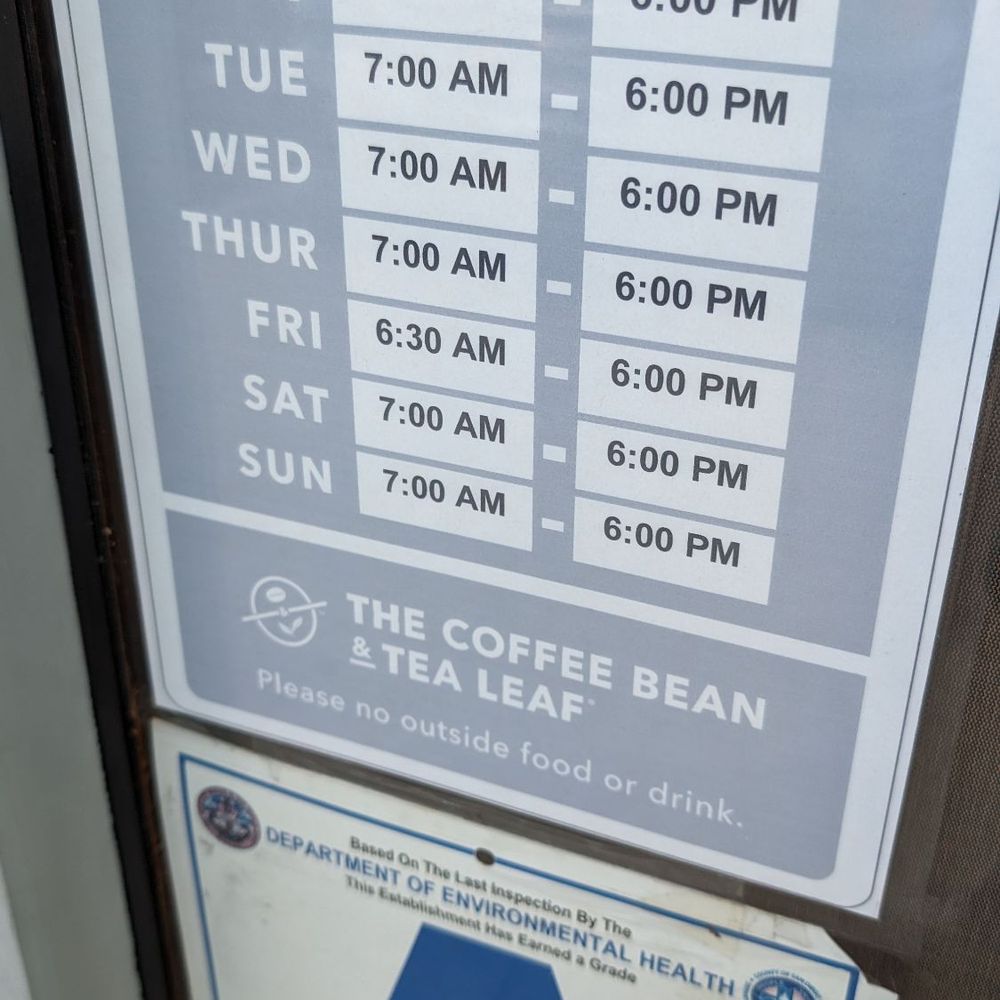 The Coffee Bean & Tea Leaf - 4/10/24 LOBBY hours... The drive-thru opens at 5am. - Coffee & Tea Near Me - San Diego, California The Coffee Bean & Tea Leaf - 4/10/24 LOBBY hours... The drive-thru opens at 5am. - Coffee & Tea Near Me - San Diego, California