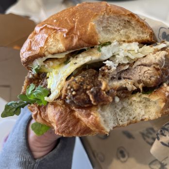Mad Yolks - Mad Chick-marinated chicken, OE egg, pickled cabbage, arugula and garlic aioli on brioche - Breakfast & Brunch Near Me - San Jose, California