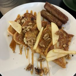 Carmel apple French toast (no whip) + their homemade syrup, and sausage links Carmel apple French toast (no whip) + their homemade syrup, and sausage links