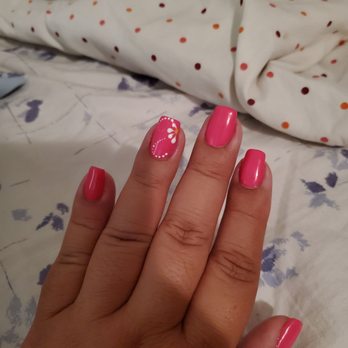 Cherry Nails - Gel manicure with powder dip on my natural nails. Pretty flower too!!! Love it! - Nail Technicians Near Me - Garden Grove, California