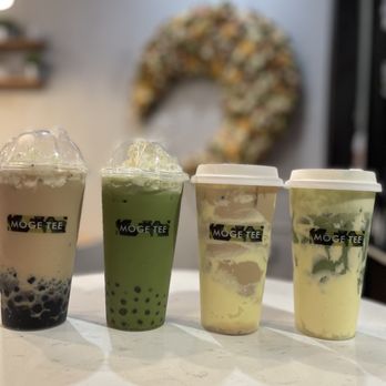 Moge Tee - three different drinks in plastic cups - Bubble Tea Near Me - Ann Arbor, Michigan Moge Tee - three different drinks in plastic cups - Bubble Tea Near Me - Ann Arbor, Michigan