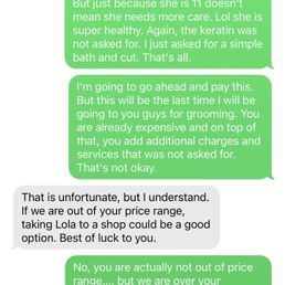 Text message conversation between Rainbow Grooming Text message conversation between Rainbow Grooming