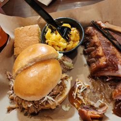 Mission BBQ - Pulled Pork NC style  5 baby back ribs  with cornbread and Mac and cheese.  So good!