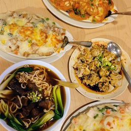hong kong baked rice and beef noode soup and spicy wontons