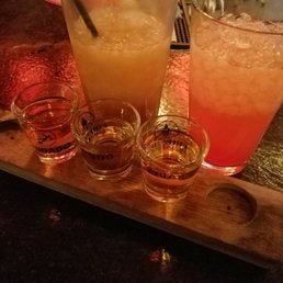 Top to bottom, left to right: caramel float, BlackBerry mist. Flight: chocolate doughnut bourbon, peach whiskey, aged rum.