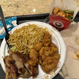 Teriyaki chicken, orange chicken, firecracker shrimp