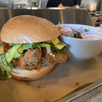 Nomad Eatery - Spicy Chicken Sandwich with Side Salad - New American Near Me - South Jordan, Utah Nomad Eatery - Spicy Chicken Sandwich with Side Salad - New American Near Me - South Jordan, Utah
