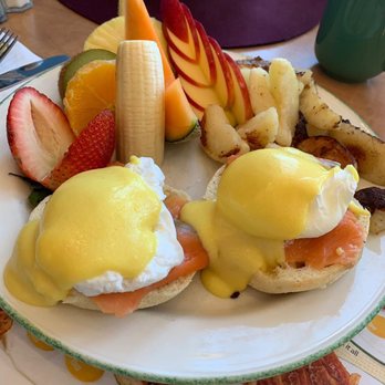 Cora - Smoked Salmon Eggs Benedict served w/ hash and fruits on the side - Breakfast & Brunch Near Me - Grande Prairie, Alberta Cora - Smoked Salmon Eggs Benedict served w/ hash and fruits on the side - Breakfast & Brunch Near Me - Grande Prairie, Alberta