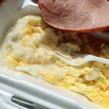 Johnny V's - 2 meat breakfast *ham, fried steak patties(never again) cheese grits and scrambled eggs - American Near Me - Macon, Georgia