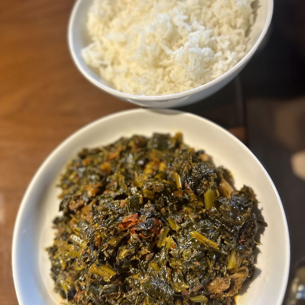 Cafe Songhai - Efo Riro with Rice - African Near Me - Peachtree Corners, Georgia Cafe Songhai - Efo Riro with Rice - African Near Me - Peachtree Corners, Georgia
