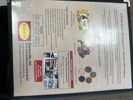 Menu photo 2 Honest Indian Restaurant  Sharonville, OH
