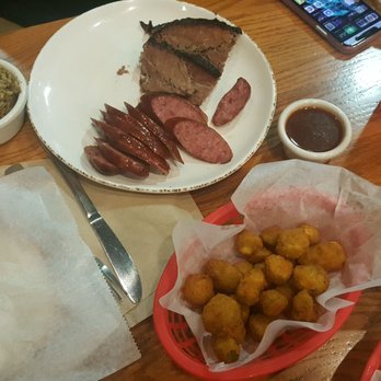 Gatlin's BBQ - Two meat plate with brisket ,venison sausage and fried okra and dirty rice. - Barbeque Near Me - Houston, Texas Gatlin's BBQ - Two meat plate with brisket ,venison sausage and fried okra and dirty rice. - Barbeque Near Me - Houston, Texas