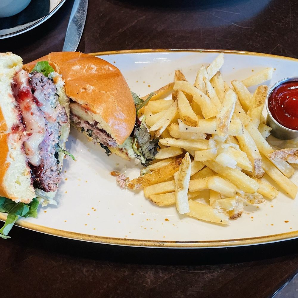 Oak and Main - "French Kiss" burger with brie, raspberry preserves. - American Near Me - Roanoke, Texas