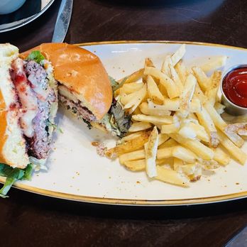 Oak and Main - "French Kiss" burger with brie, raspberry preserves. - American Near Me - Roanoke, Texas