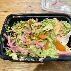 Real Food Eatery - Roasted salmon, carrots, Brussels sprouts, and pickled red onion. DELISH!!