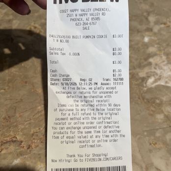Five Below - Self check out receipt - Discount Store Near Me - Phoenix, Arizona