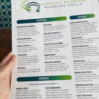 Captains Quarters Riverside Grille - Front of menu. - Seafood Near Me - Prospect, Kentucky Captains Quarters Riverside Grille - Front of menu. - Seafood Near Me - Prospect, Kentucky