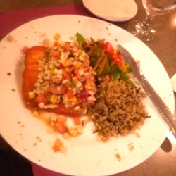 Runners Fish Market and Restaurant - The salmon special - served with a corn salsa and rice pilaf.