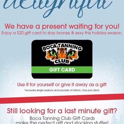 Boca Tanning Club - Miami - Happy Holidays from Boca Tanning! FREE $20 Gift Card 4U or give it away! Good for packages and lotion bottles! Exp 12/31/17