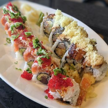 Sushi Lola's - Left to right: Zombie roll (no asparagus +tempura crunch) Crunchy Dragon. - Sushi Bars Near Me - Orlando, Florida