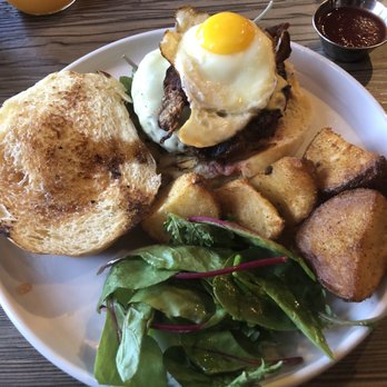 The Rustik Fork - The Brunch Burger with fresh potatoes and salad - Gastropubs Near Me - Riverside, California The Rustik Fork - The Brunch Burger with fresh potatoes and salad - Gastropubs Near Me - Riverside, California