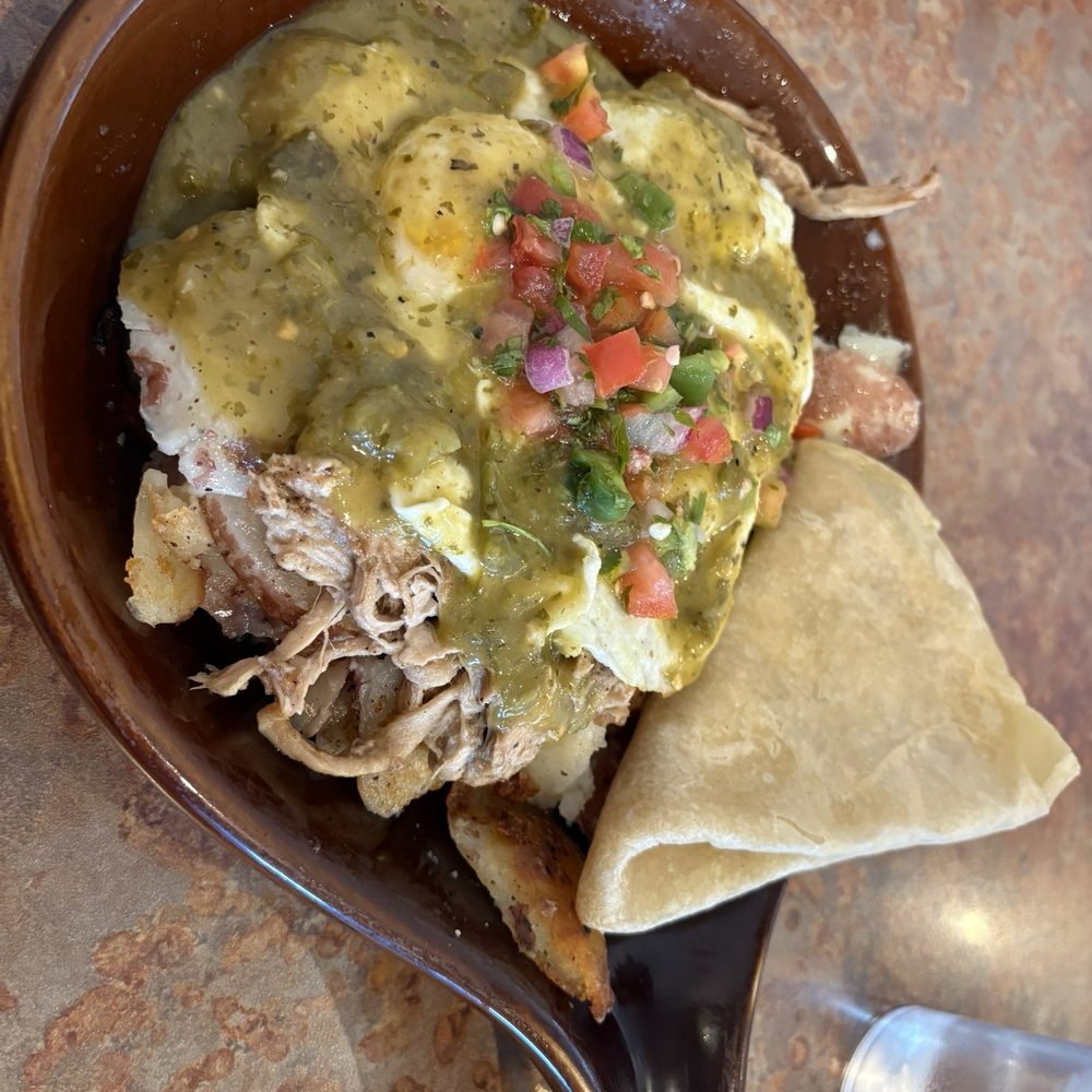 Green chile skillet with eggs over easy and no cheese