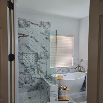 Jay the Builder - Master bathroom remodel with zero entry shower pan, freestanding tub, and custom vanity. - General Contractors Near Me - Richardson, Texas Jay the Builder - Master bathroom remodel with zero entry shower pan, freestanding tub, and custom vanity. - General Contractors Near Me - Richardson, Texas