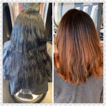 Pin Curlz Parlor - Before-Over processed box color on the left After- healthy beautiful tones - Hair Extensions Near Me - Surprise, Arizona