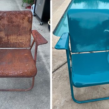 Anocote Powder - Before and after photos of our 1940s Russel Wright metal folding chair. - Powder Coating Near Me - San Diego, California Anocote Powder - Before and after photos of our 1940s Russel Wright metal folding chair. - Powder Coating Near Me - San Diego, California