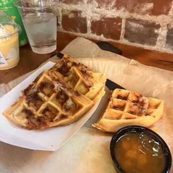 Pig Candy BBQ - Gluten free BBQ waffle with a peach sauce. - Barbeque Near Me - Cincinnati, Ohio