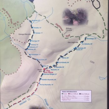 Ricketts Glen State Park - Map of hiking trail. Waterfalls are all of the names written in blue. - Parks Near Me - Benton, Pennsylvania Ricketts Glen State Park - Map of hiking trail. Waterfalls are all of the names written in blue. - Parks Near Me - Benton, Pennsylvania