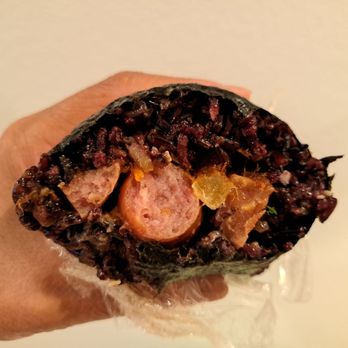 Rice Theory - RT Roll contains purple rice, Kurobuta sausage, and pickled radish. - Japanese Near Me - Sacramento, California Rice Theory - RT Roll contains purple rice, Kurobuta sausage, and pickled radish. - Japanese Near Me - Sacramento, California