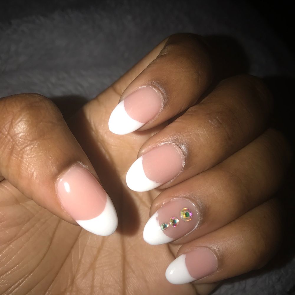 Almond Acrylic French tips with rhinestones- $55