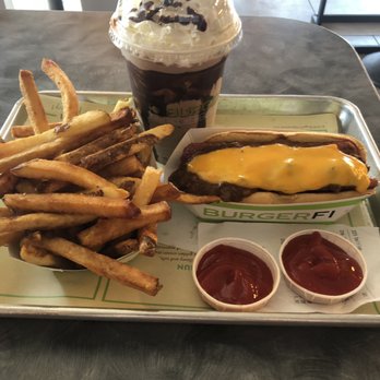 BurgerFi - Chili cheese dog french fries and a chocolate milkshake - Burgers Near Me - Aventura, Florida