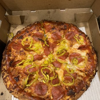 MrJims.Pizza - Custom Pizza Anyway with pepperoni and double banana peppers with sriracha crust, cooked "well done but not burned". Delicious! - Pizza Near Me - Anna, Texas