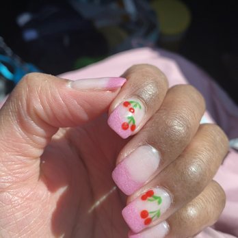 Happy Nails Spa - Pink shimmer tips, cherry design. By Jerry - Nail Salons Near Me - Hagerstown, Maryland Happy Nails Spa - Pink shimmer tips, cherry design. By Jerry - Nail Salons Near Me - Hagerstown, Maryland