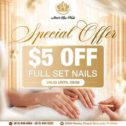 Ann’s Spa & Nails - TREAT YOURSELF TO STUNNING NAILS AND SAVINGS
Get $5 OFF a Full Set of Nails
Valid until 09/30/2025
It's the perfect time t