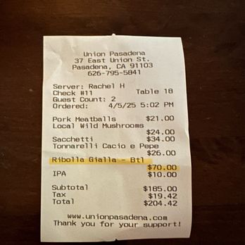 Union - Charged $70 for the wine while the menu shows $60 - Italian Near Me - Pasadena, California Union - Charged $70 for the wine while the menu shows $60 - Italian Near Me - Pasadena, California