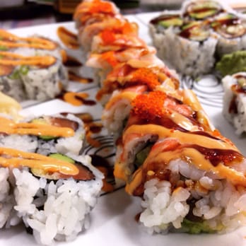 Avana Sushi - Left - spicy salmon avocado roll. Middle - spicy scorpion roll. Right - eel avocado cucumber roll. - Japanese Near Me - Boston, Massachusetts