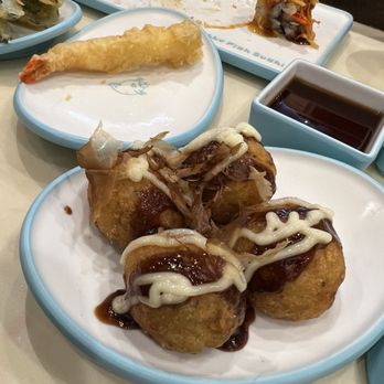 Chubby Fish Sushi - Angry Dragon (top), Shrimp Tempura (middle), Takoyaki (bottom) - Sushi Bars Near Me - Denver, Colorado