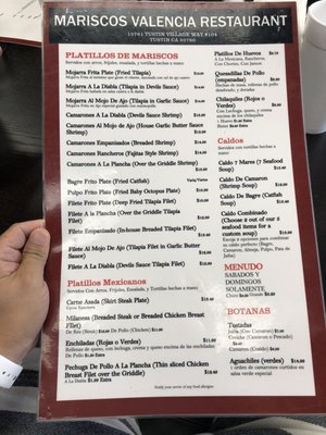 Menu photo 4 Mariscos Valencia Mexican Restaurant Tustin, CA