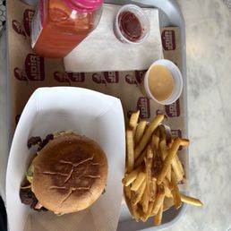 Single party wagyu burger, regular fries and strawberry lemonade