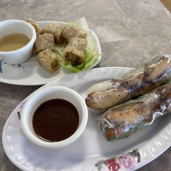 Pho Ha Long - Fried spring rolls with fish sauce, and bottom dish is grilled pork spring rolls with peanut sauce. - Vietnamese Near Me - San Antonio, Texas