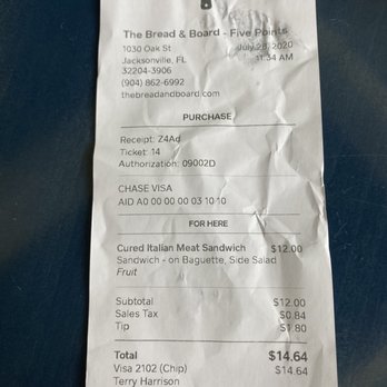 The Bread & Board - Cost of meal - Sandwiches Near Me - Jacksonville, Florida
