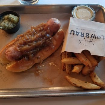LowBrau - Bratwurst, sweet bun, carmelized onions, relish on side, duck fat fries. - German Near Me - Sacramento, California
