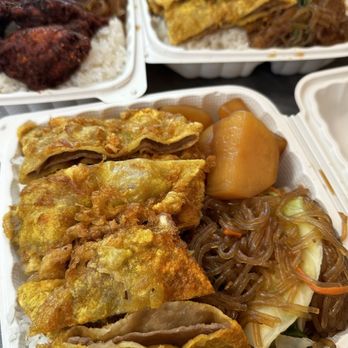 Gina's Kapolei - Mini Meat Jun over a mountain of white rice, japchae & braised potatoes - Barbeque Near Me - Kapolei, Hawaii Gina's Kapolei - Mini Meat Jun over a mountain of white rice, japchae & braised potatoes - Barbeque Near Me - Kapolei, Hawaii