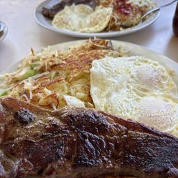 Steak and eggs is a must always.