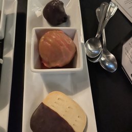 Dessert Trio the raspberry sorbet with basil oil was delightful Dessert Trio the raspberry sorbet with basil oil was delightful