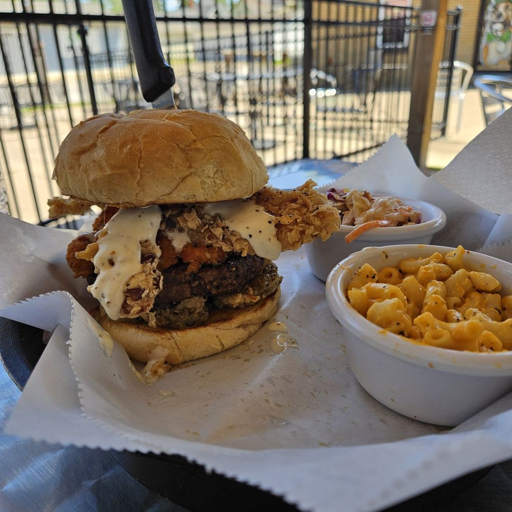 Curd burger is awesome. Crispy chicken fried bacon! Amazing! Cheese curds on a burger! Amazing! Spicy pickles! Amazing!