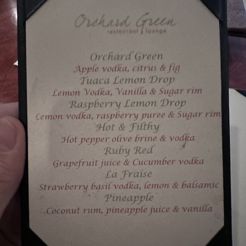 Orchard Green - One side of the specialty cocktail menu. Each are $5 each on Tues and Wed nights, all night! - New American Near Me - Iowa City, Iowa Orchard Green - One side of the specialty cocktail menu. Each are $5 each on Tues and Wed nights, all night! - New American Near Me - Iowa City, Iowa